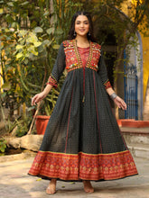 Black Cotton Ethnic Motif Printed Fit & Flare Layered Maxi Dress With Thread Embroidery & Tassels-S4525BLACK